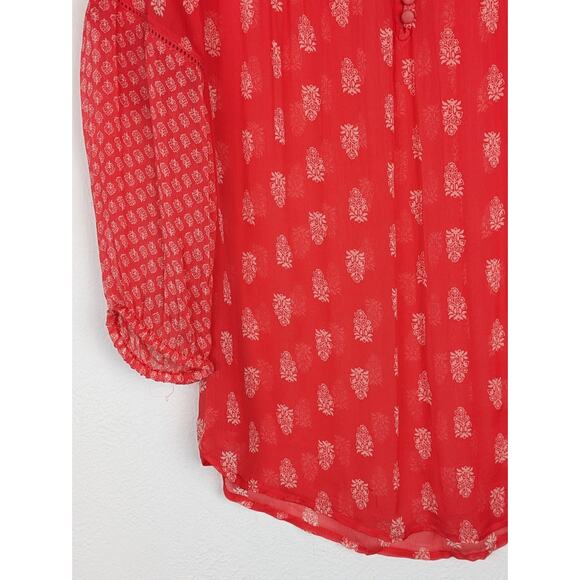 Lucky Brand Top Blouse Floral Sheer Boho Spring Summer Orange Red Size M - Picture 3 of 10